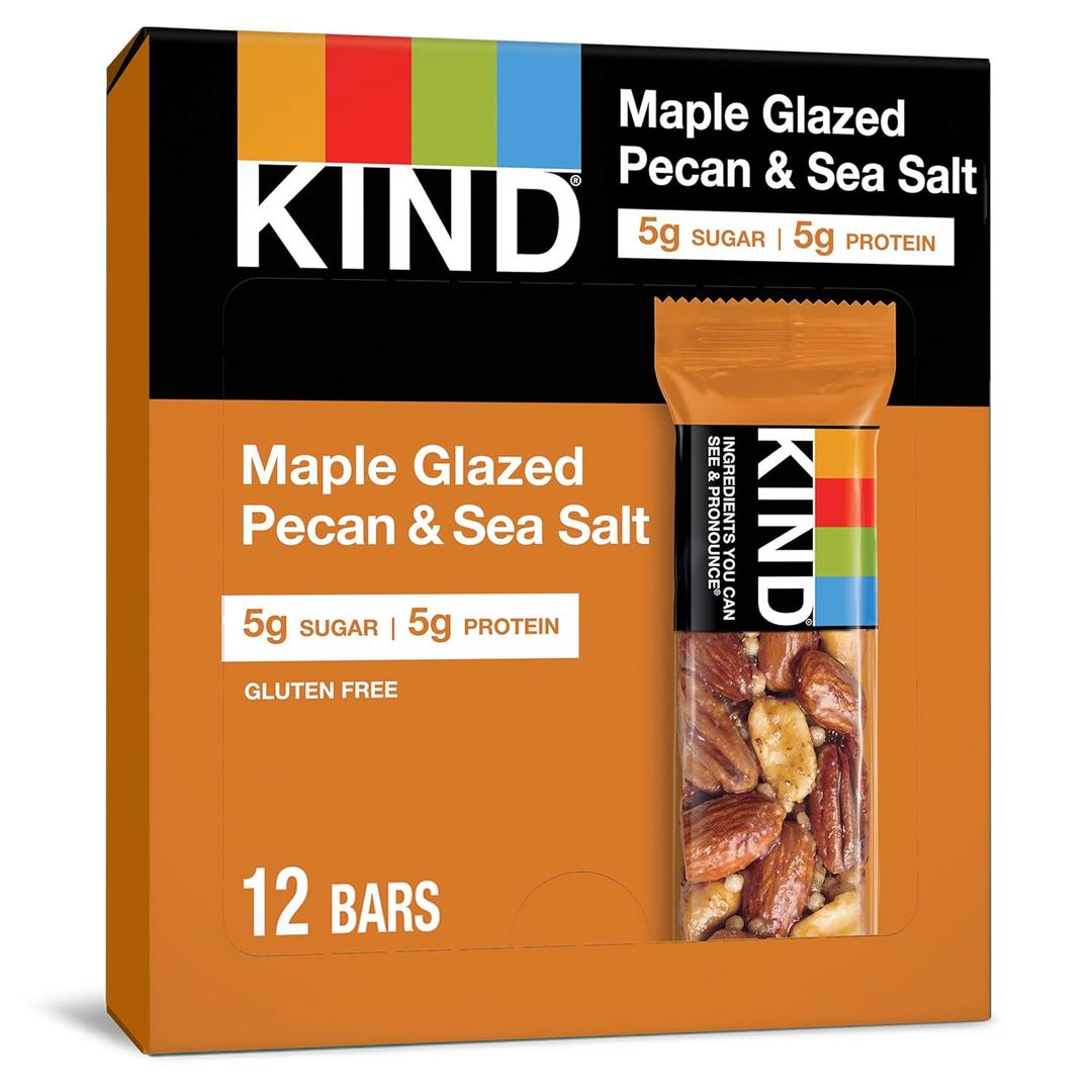 KIND Nut Bars, Maple Glazed Pecan & Sea Salt, Healthy Snacks, Gluten Free, Low Sugar, 5g Protein, 12 Count (EXP 07/30/26)