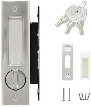 6.3” Privacy Pocket Door Lock Hardware,Invisible Sliding Door Lock with Keys,Recessed Handle Latch, Double Barn Door Lock, Invisible Furniture Hardware (Silver)