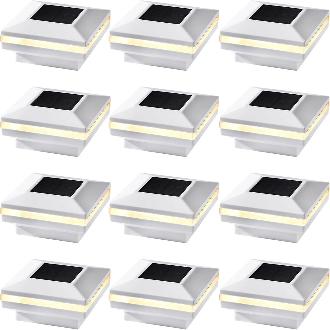 Dynaming 12 Pack Solar Post Lights, Outdoor Solar Powered Decorative Post Cap Light, White Shell & Warm White LED Lighting for Fence Deck Patio, Only Fit 3.5"x3.5" Wooden Posts