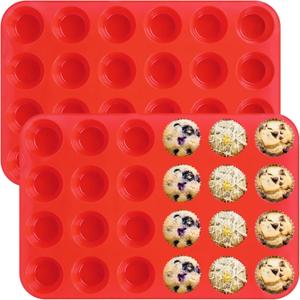 Sakolla 2 Pack Silicone Muffin Pan, Nonsticks 24 Cups Mini Cupcake Pans for Baking Muffin, Egg Bite, Cupcakes and Puddings (Red)