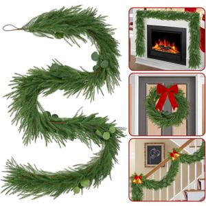 9FT Christmas Norfolk Pine Garland with Eucalyptus Real Touch Faux Greenery Garland Realistic Artificial Christmas Winter Holiday Decor Indoor Outdoor for Xmas Mantle,Stairs,Window,Fireplace (1)