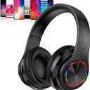 Wireless Bluetooth Headphones with Colorful LED Lights, Built-in Mic, Light Weight, Foldable, Wired HiFi Stereo Headphones for Classroom/Home Office/PC/Mobile Phone/Kids Adult (Black)