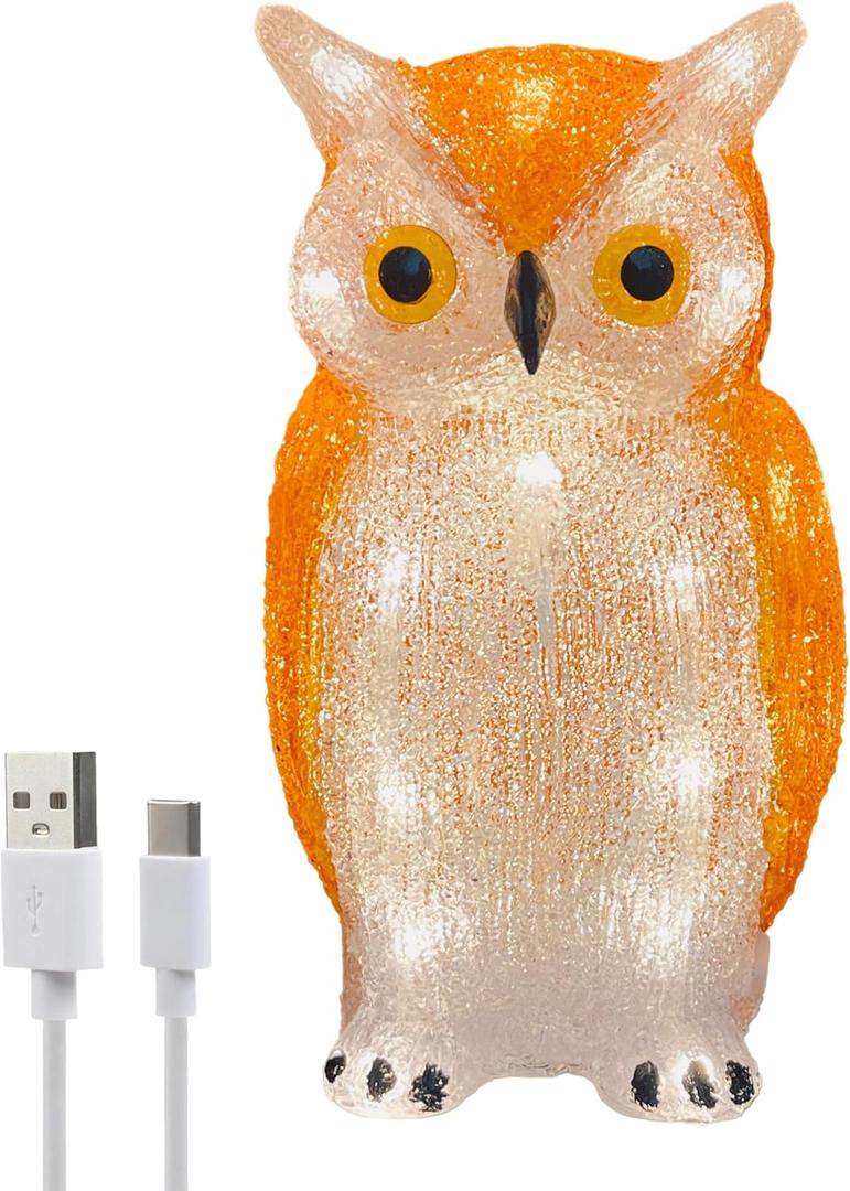 Gloworm YKL-1018, 22.5CM Acrylic Owl Lighting, Garden/Home Figure Light Up, 24 Warm White LEDs, 6H Timer, Dual Power Supply USB or Batteries: 3 x AA (Not Included) Garden/Home Decoration Indoor