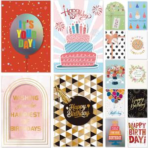 14 Pack 3D Handmade Birthday Cards Bulk with Envelopes, Unique Greeting Cards for Women & Men, 4.76.8 Inch, Gold Foil, Glitter, Happy Birthday Cards with Printed Messages  For Friends, Family, Coworkers