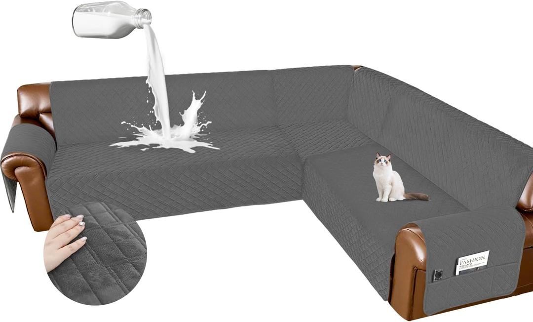 Arfntevss Waterproof Sectional Couch Covers L Shape Washable Velvet Sofa Cover for Sectional Non Slip Large Corner Slipcovers Dog 6 Pcs Universal U Shaped Furniture Protector (Dark Grey, X-Large)