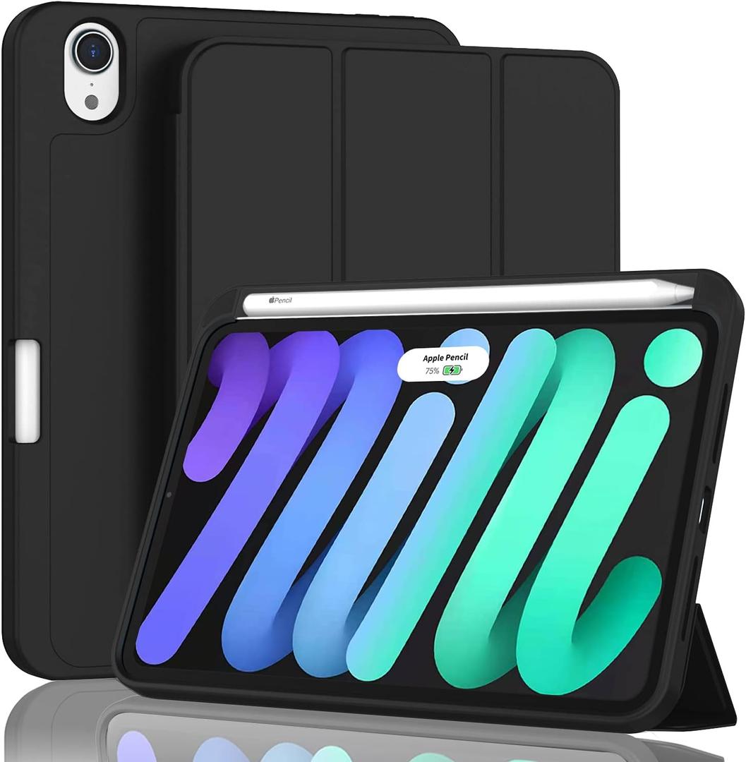 ZryXal for iPad Mini 7 Case A17 Pro 2024/iPad Mini 6 Case 2021 8.3 Inch with Pencil Holder, iPad Mini 7th/6th Generation Case with Soft TPU Back and Auto Sleep/Wake, Black