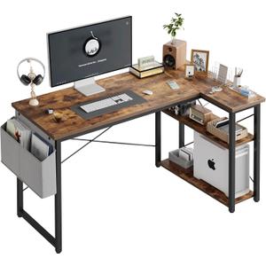L Shaped Computer Desk with Reversible Shelves, 47 Inch Small Corner Desk with Storage Bag, Gaming Desk Computer Table Study Writing Desk for Home Office Small Space, Rustic Brown