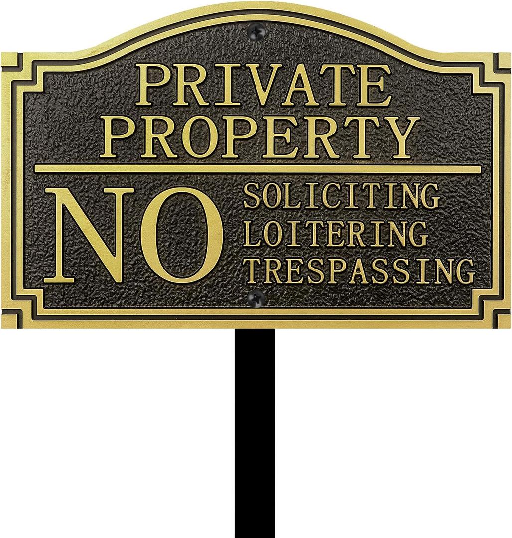 Acrebain Private Property No Trespassing Sign with Stake, No Soliciting Sign Statement Plaque for House,Aluminum Alloy with 3D Embossed Lettering,11.5x7.5 inch/28 inch High for Front Door/Lawns/Gardens and Business,Stainless Steel Screw Mounting