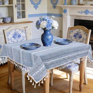 Small Blue Square Tablecloth 36''x36'', Spring Dusty Blue and White Linen Coffee Table Cover, Boho Nightstand Cover Top for Bedroom,End Table Cloth Runner, Summer Coastal Rustic Farmhouse Home Decor
