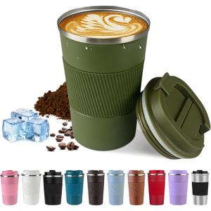 Vacuum-Insulated Stainless Steel Travel Coffee Mug, Leak-Proof Reusable Coffee Cup with Lid - Keep Hot & Cold Drinks for Hours, Durable Thermos Tumbler for Men & Women (3rd-Green, 12OZ)