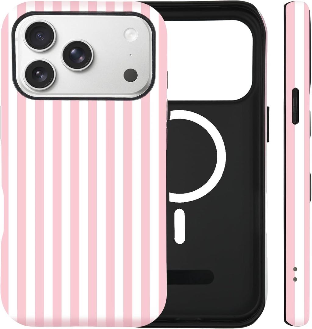 For iPhone 17 Pro Max Case Cute Striped Phone Case Compatible with MagSafe, Dual-Layer Shock Protection(Hard PC + Silicone) - Aesthetic Protective Phone Cover for Women Girl, Pink and White