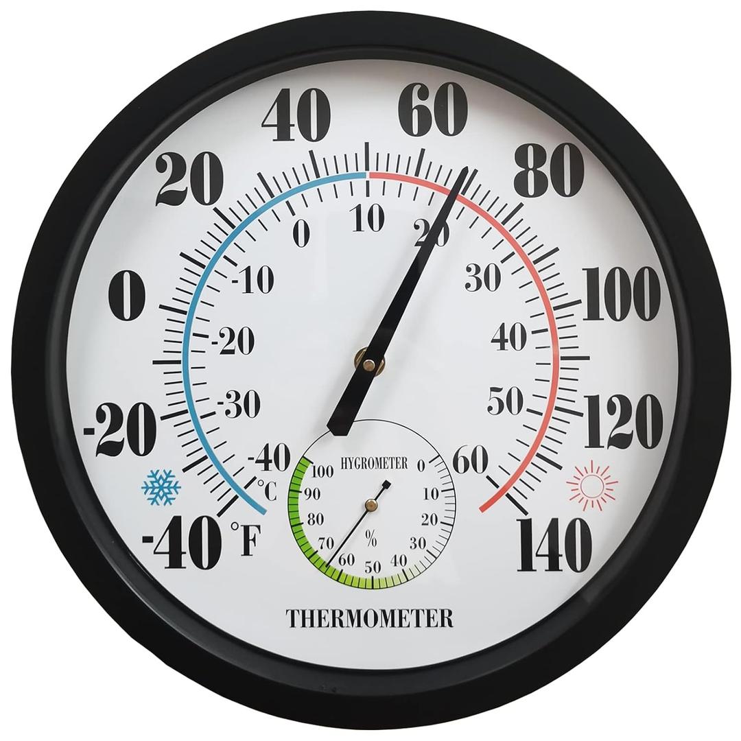 Indoor Outdoor Thermometer Large Numbers 12 Inch Wall Weather Thermometer Hanging Garden Decor Hygrometer No Battery Needed (Black)