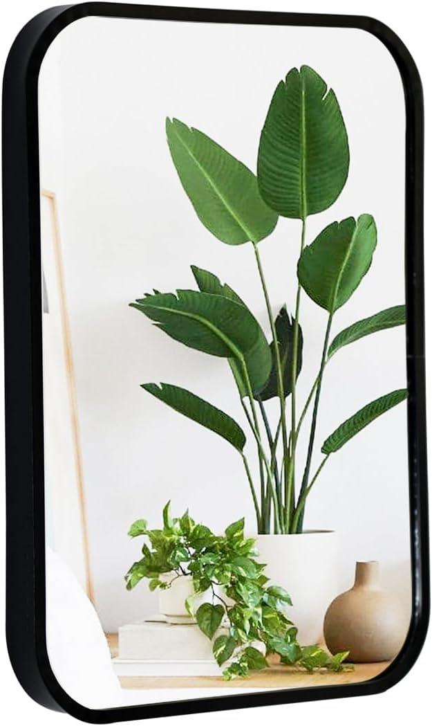 Aluminum Metal Framed Mirror with Rounded Corners, Rust Resistant, Wall Mounted Mirror for Bedroom or Living Room,Vertical Hanging (Black, 11.8x15.7inch)
