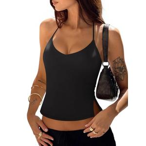 PINKMSTYLE Halter Tops for Women Backless Double Lined Spaghetti Strap Tank Top Going Out Y2K Trendy Sleeveless Camisole (Small, Black)
