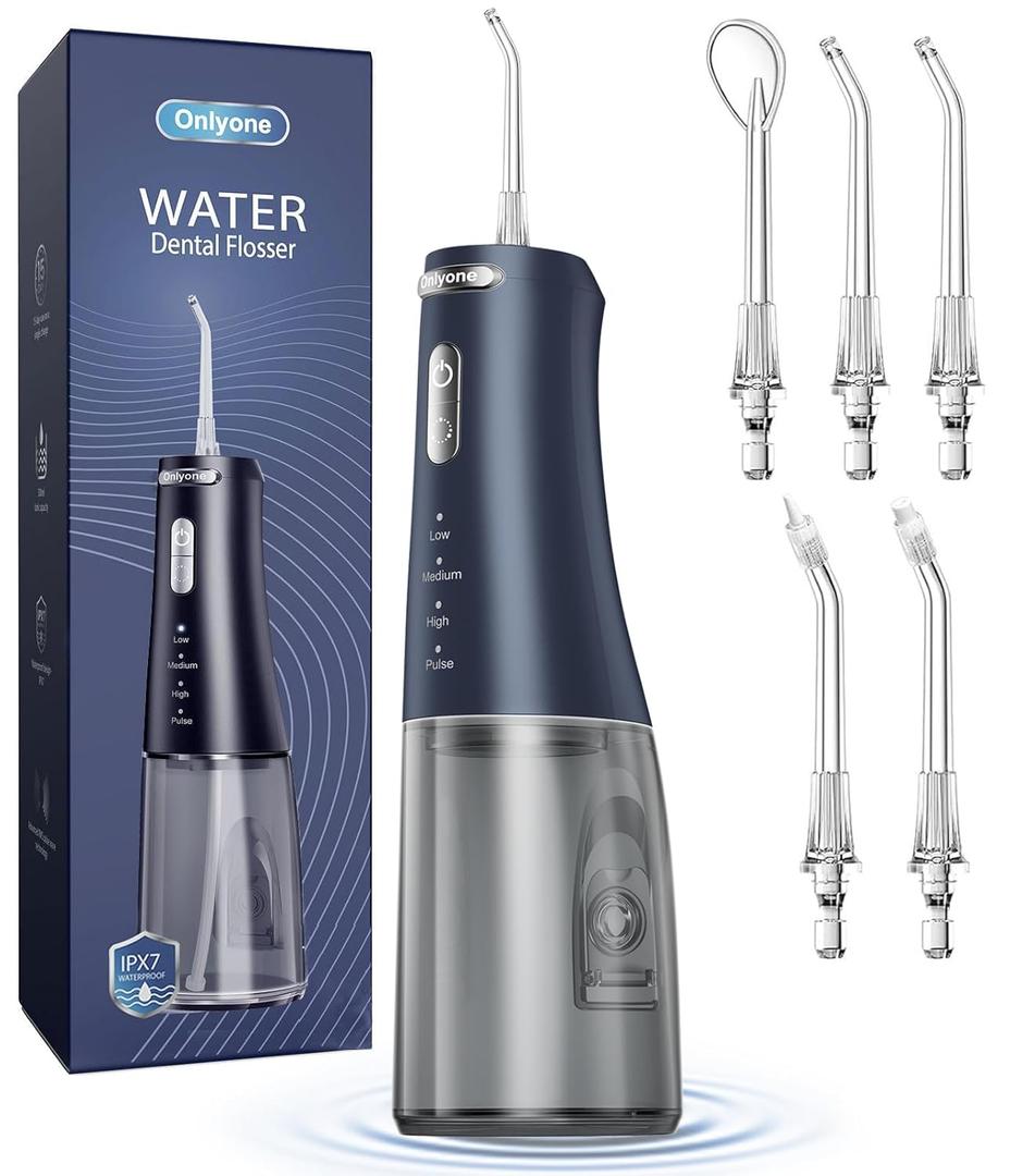 Onlyone Water Dental Flosser, 300ML Portable Oral Irrigator for Teeth, 4 Modes and 5 Jet Tips,Rechargeable Irrigation Cleaner,Electric Flossing Machine Power Flossers & Irrigator Accessories Blue