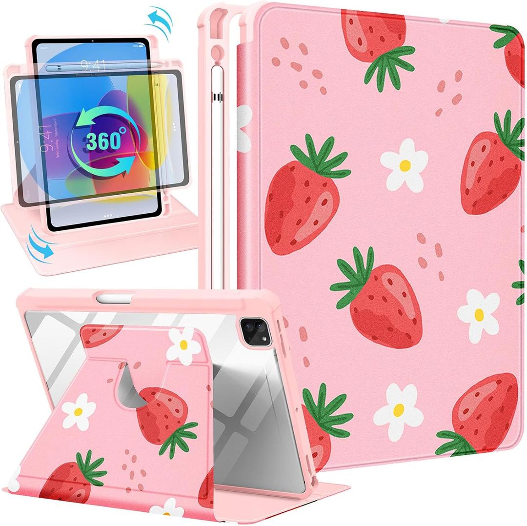 for iPad Air 11 inch Case, Air 5th/4th Generation 10.9, Pro 11'' Case Women Girls for Apple Pencil Holder Cute Strawberry Rotating Folio Cover for iPad Air 11 2024 (M2), 10.9 2022 2020, Pro 11