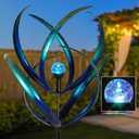 Lariander Outdoor Wind Spinners with Solar Light, 82'' Metal Large Spinner Yard Art, Peacock Blue Wind Sculptures for Garden Lawn Patio, Gifts for Family