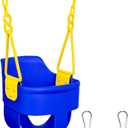 Premium High Back Full Bucket Toddler Swing Seat with Finger Grip, Plastic Coated Chains for Safety and Carabiners for Easy Install - Blue - Squirrel Products