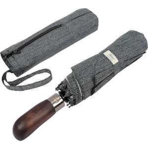 Travel Folding Umbrella with Real Wood Handle Auto Open Close Vented Windproof Canopy - Designed in UK (Herringbone Classic Black)