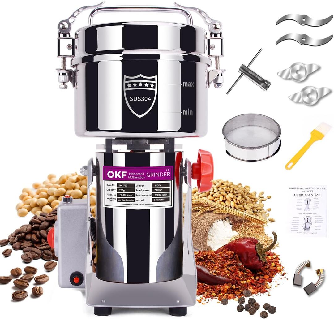 750g Grain Mill, 304 Stainless Steel Spice Grinder, 2800W High-speed Commercial Flour Mill, Superfine Flour Mill Grinder for Home, Grain Mill for Flour