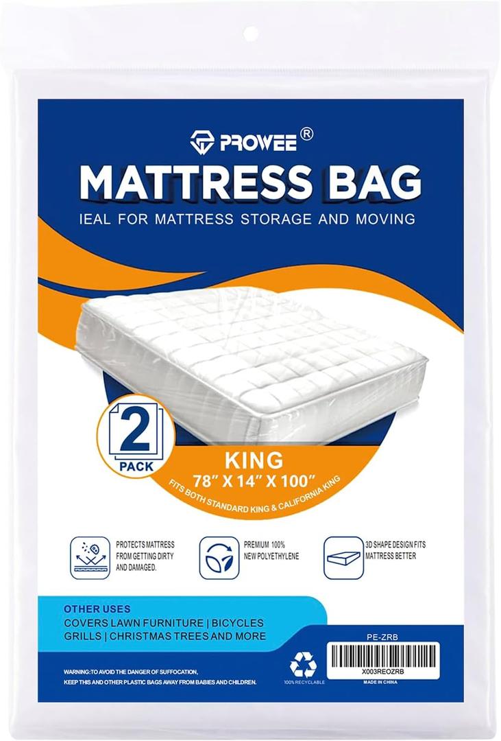 2 Pack King/Cal King Mattress Bag for Moving and Storage, Clear Plastic Mattress Cover for Moving, Waterproof Mattress Disposal Bags