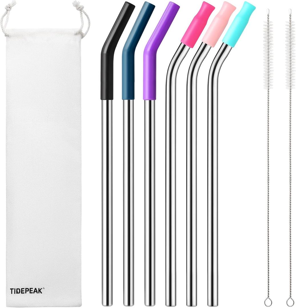 6 Packs Reusable Stainless Steel Straws with Silicone Tips and Travel Case, Long Metal Drinking Replacement Straws for Stanley Cup 40 oz Tumbler, 2 Cleaning Brushes Included, 3 Bent (Assorted Color)