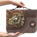 Men Brown Bible Cover Sloth Print Women Bible Carrying Case Church Bag with Multiple Pockets, Bible Case with Top Handle (Medium)
