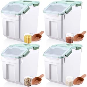 4 Pack 55 Lbs Rice Storage Container with Measuring Cup Airtight Flour Grain Cereal Sugar Storage Container with Locking Lid and Wheels Flour Bin Pet Food Plastic Boxes Sets
