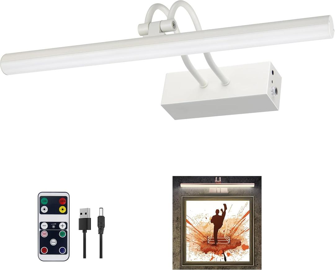 Picture Light,16" Battery Picture Lights for Wall, 2Colors Remote Control Display Art Lighting with Timer and Dimmable for Painting, Frame, Portrait, Dartboard-WH