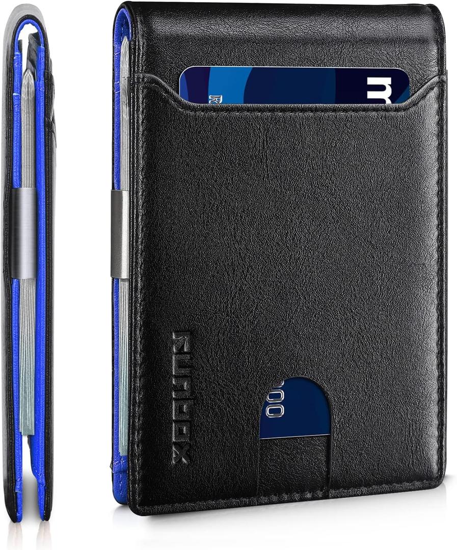 RUNBOX Slim Wallets for Men - Leather Money Clip Mens Wallet - RFID Blocking Front Pocket Bifold Wallet - Thin Credit Card Holder with Gift Box (Classic Black&Blue)