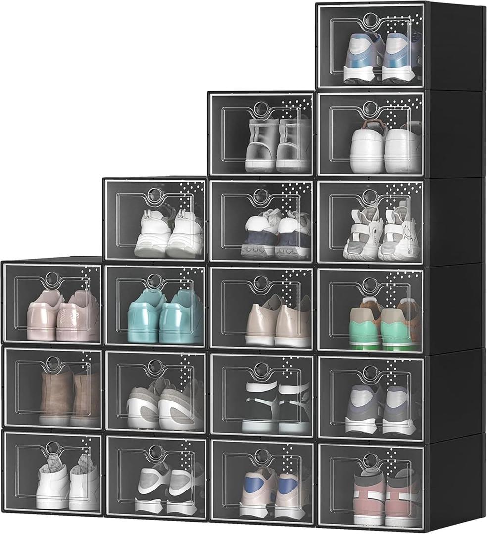 YITAHOME 18 Pack Shoe Storage Boxes Fit up to US Size 13, Stackable Plastic Shoe Organizer Box, Space Saving Sneaker Containers for Bedroom, Entryway, Closet (Black, Medium)