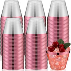 Lounsweer 100 Pcs 9oz Rimmed Plastic Cups Wedding Clear Cocktail Cups Heavy Duty Disposable Glasses for Birthday Bridal Shower Baby Shower Holiday Celebrations(Pink)