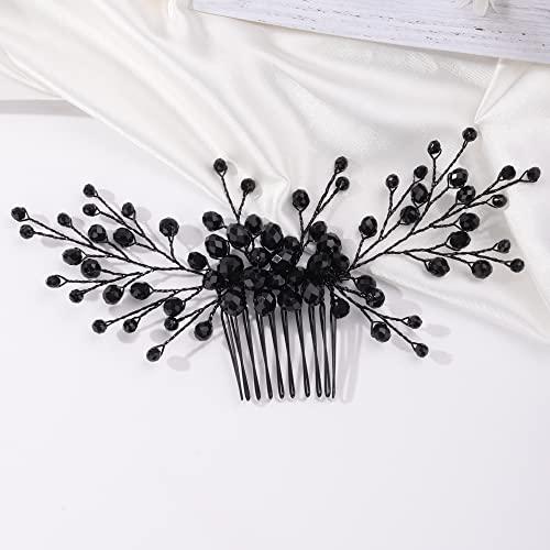 Missgrace Women Handmade Gothic Black Full Rhinestones Side Hair Comb Prom Party Special Occasion Punk Headpiece Rhinestones Hair Accessories. Handmade Bridal Hair Side Comb Wedding Clip &Pins Set, Sinide Leaves Rhinestone Bridal Barrette Flower Crys