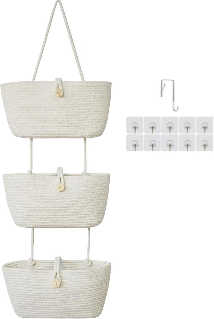 TeoKJ Over the Door Hanging Baskets with Wooden Button, 3-Tier Wall-Mounted Decorative Nursery Kitchen Baskets, White