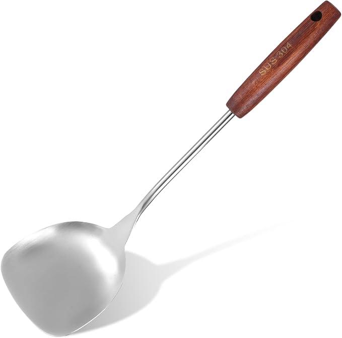 Wok Spatula Stainless Steel 14.17 inch Spatula Wide Metal Wok Tools with Wooden Handle Cooking Utensils Woks Accessories for Cooking Stirring Mixing Turning Silver