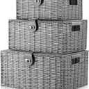 Set of 3 Woven Wicker Storage Basket Box with Lids & Lock, Built-in Carry Handles, Multifunctional Storage Organizer for Nursery, Baby, Clothes, Toys, Books, Large/Medium/Small Size (Grey)