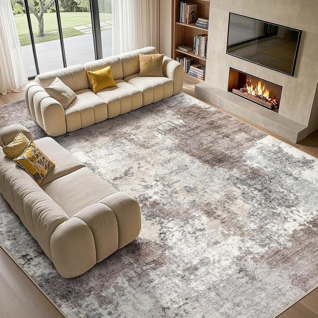 Tortania Washable 10x12 Area Rug for Living Room: Modern Abstract Neutral Large Soft Thin Rugs - Non Slip Indoor Carpet for Bedroom Dining Room Office Nursery Home Floor Decoration - Gray Brown