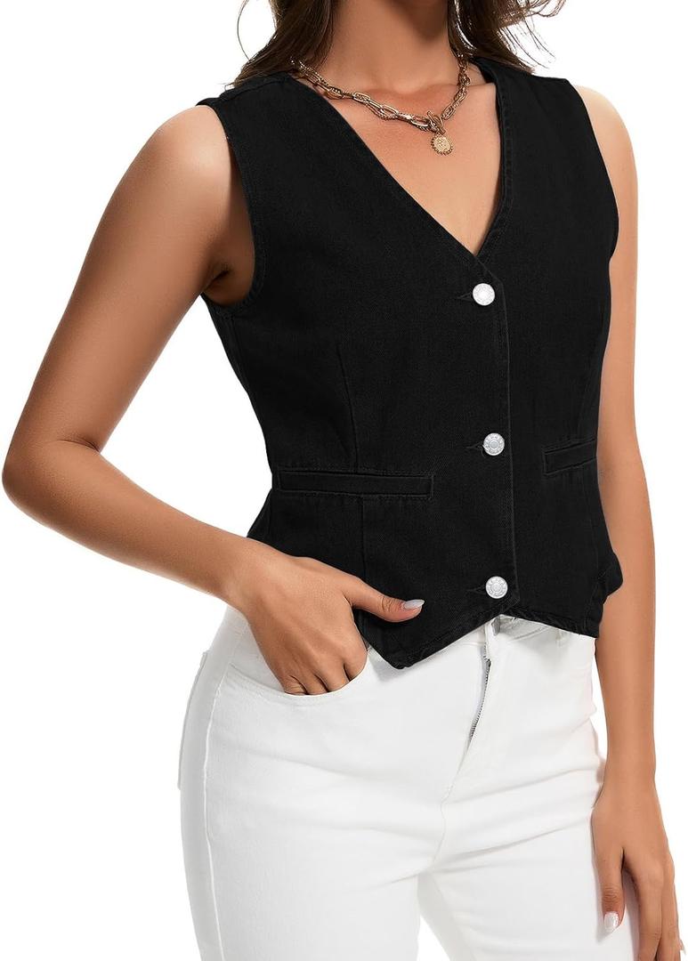 Womens Denim Vest Sleeveless V Neck Button Down Jean Jacket Y2K Summer Crop Tops (Medium, Black)