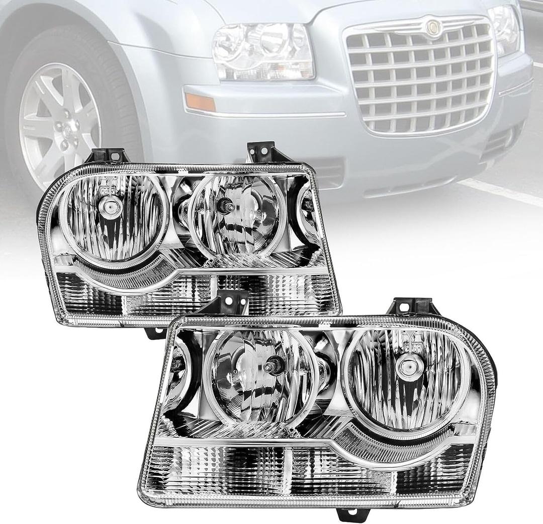 For 2005 2006 2007 2008 2009 2010 Chrysler 300 Headlight Assembly Replacement for 05-10 Chrysler 300 Head Lights Driver and Passenger Side, Chrome Housing Clear