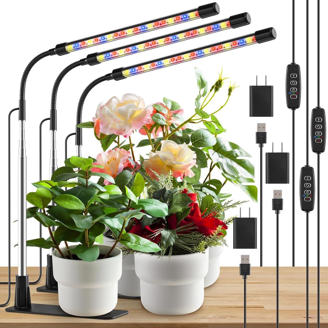 LPMZMBL Grow Lights for Indoor Plants, Full Spectrum LED Plant Lights with Base, Adjustable Height 6.5"-26", 10 Dimmable Levels, Auto Timer 3/9/12H, Desk Grow Lamps for Indoor Growing (3 Pack)
