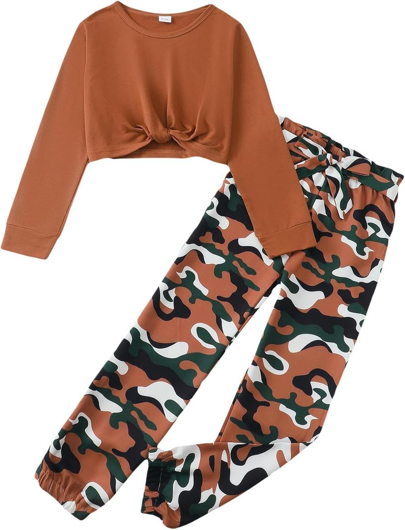 Girls 2 Piece Outfits Long Sleeve Twist Front Shirts and Camo Pants Sets for Fall Winter Sweatsuits Size 5-14Y (7-8 Years)