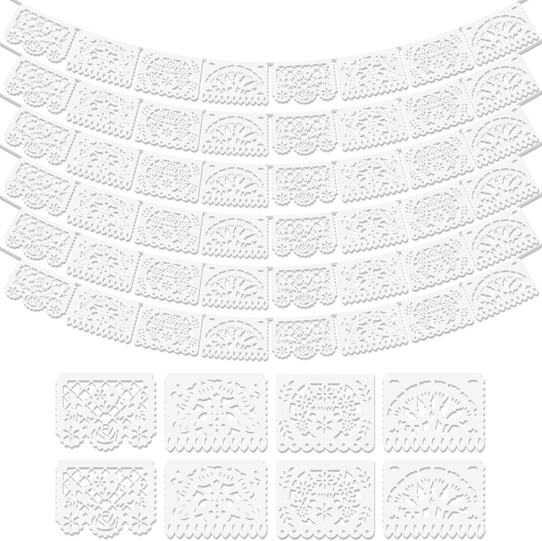 Asoulin 6Pack White Papel Picado Banner, Cinco De Mayo Plastic Mexican Party Banner Wedding Fiesta Party Decoration 5 De Mayo Mexican Themed Party Mexico Birthday Party Decor Supplies -4 Patterns/90Ft