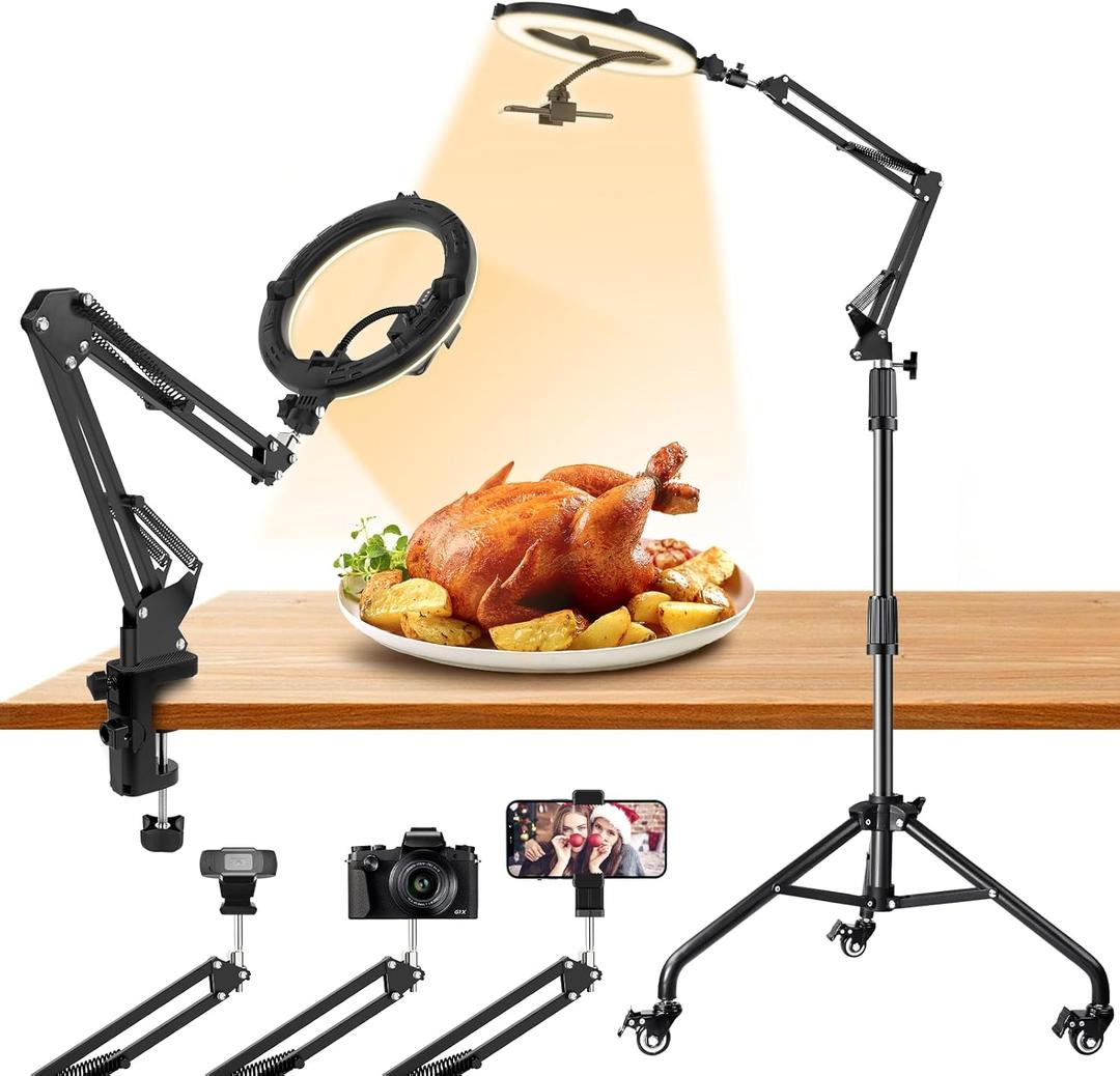 Ring Light Overhead Phone Mount with Casters, Dual-Purpose Floor/Desk Light Tripod for iPhone, Selfie Phone Tripod for Video Recording/Live Streaming/Cooking (11inch)
