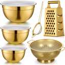 Baderke 6 Pcs Gold Kitchen Accessories Set Includes 3 Gold Mixing Bowls with Airtight Lids Stainless Steel Colander Grater Slicer and Fine Mesh Strainer(Mixing Bowls: 2.8/3.7/5 Qt, Colander: 4 Qt)