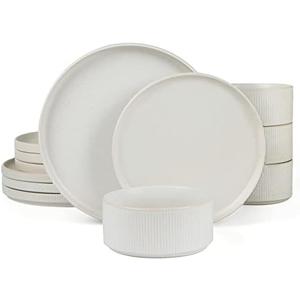 Famiware Star Dinnerware Sets, Plates and Bowls Set for 4, 12 Pieces Ribbed Dishes - Chip and Scratch Resistant, Microwave and Dishwasher Safe Tableware, Matte White