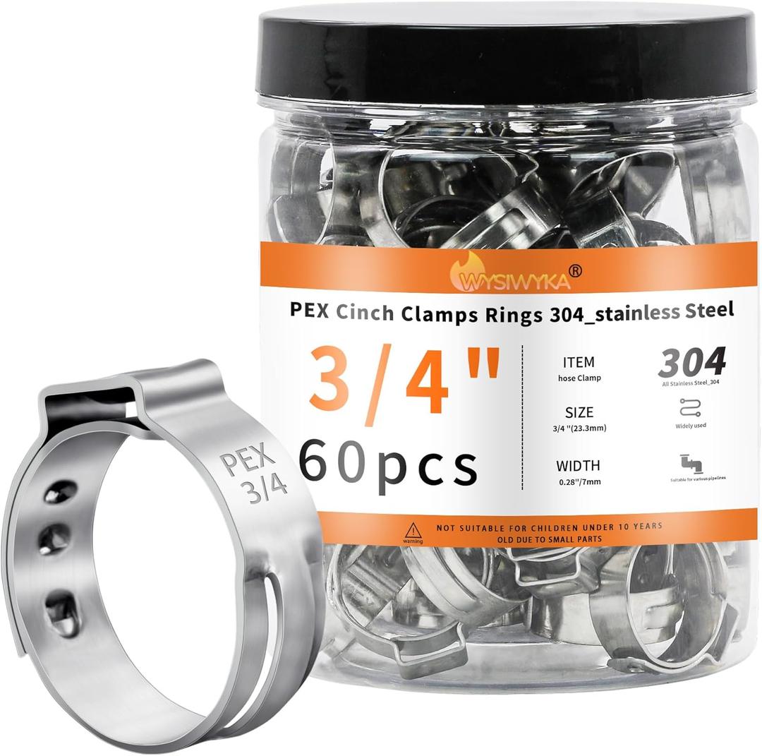 60pcs 3/4 inch PEX Cinch Clamps Rings, 304 Stainless Steel Single Ear Hose Clamps, Pex Crimp Rings for PEX Tubing Pipe Fitting Connections