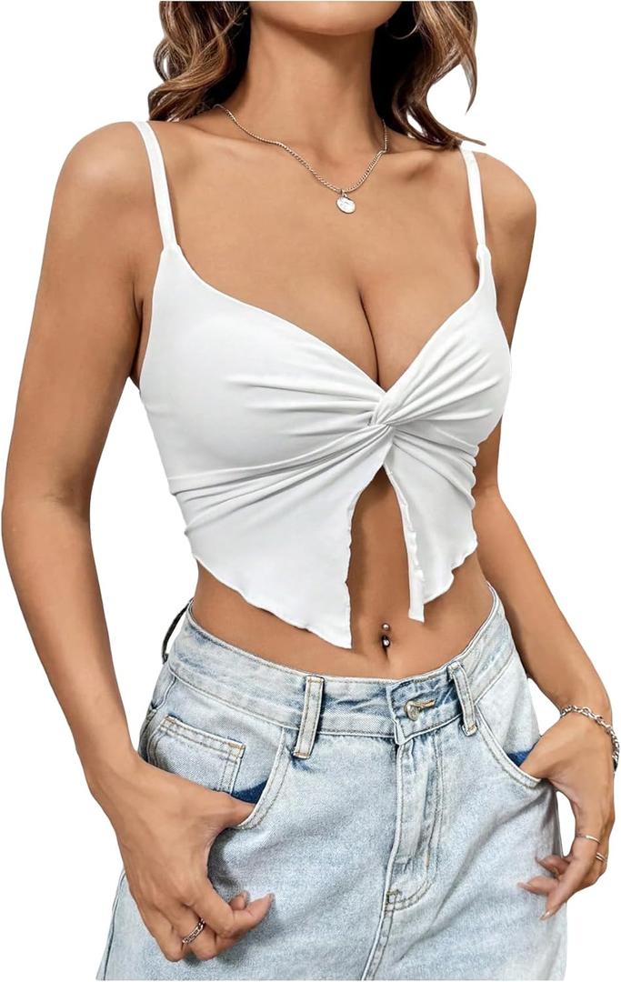 SOLY HUX Women's Twist Split Hem Cami Crop Tops Spaghetti Strap Slim Fit Summer Top (Medium, Plain White)