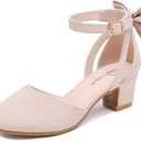 Girls Heels Dress Shoes Flower Girl Pumps with Cute Bow Closed Toe High Heels Adjustable Buckles Wedding Party (5 Big Kid, Nubuck Nude)