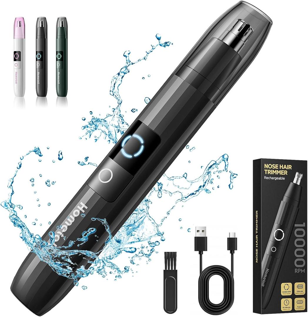 Rechargeable Nose Hair Trimmer for Men Women, Professional Painless Ear Eyebrow & Facial Hair Trimmer - 10,000 RPM Powerful Motor with Dual-Edge Blades, Wet/Dry, Easy to Clean (Black)
