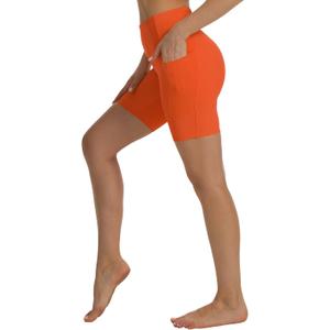 HOKOYI Women's High Waisted Spandex Biker Shorts 7" Gym Compression Shorts with Pockets Workout Running (Orange, M)